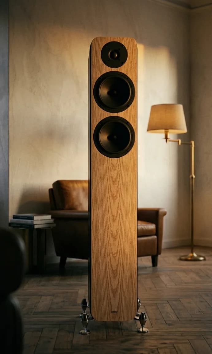 Ars Aures LUX loudspeaker, oak finish, in a living room