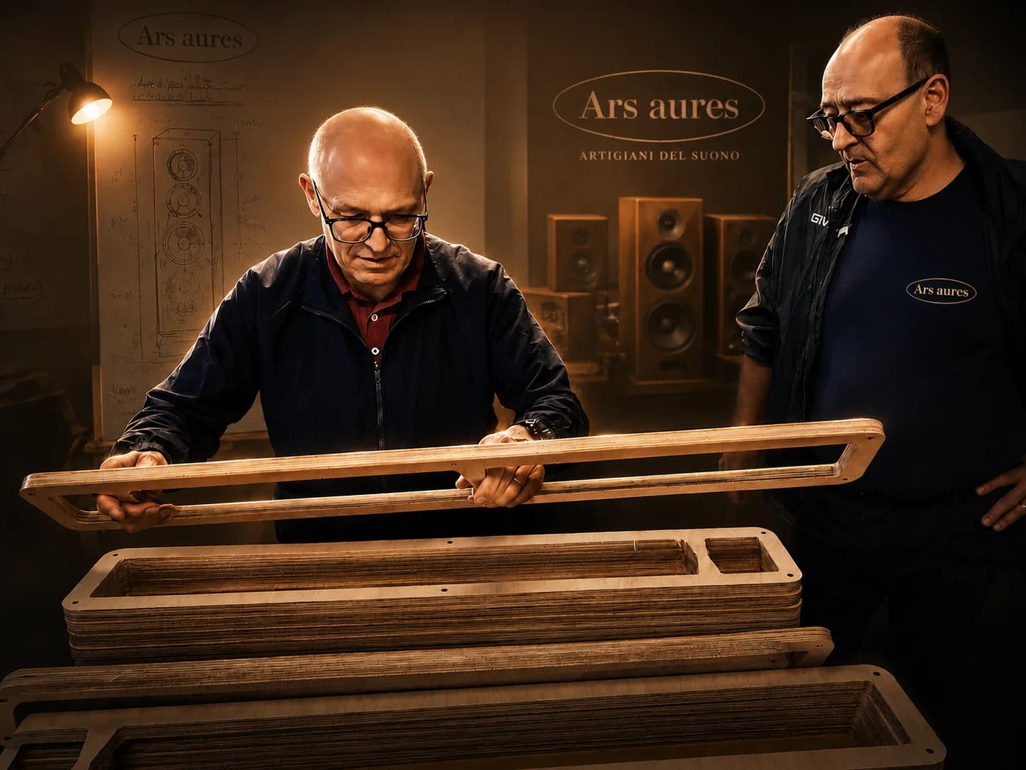 Giuseppe Nizzola and a master cabinetmaker at work on a cabinet in the Ars Aures atelier in Castelvetrano